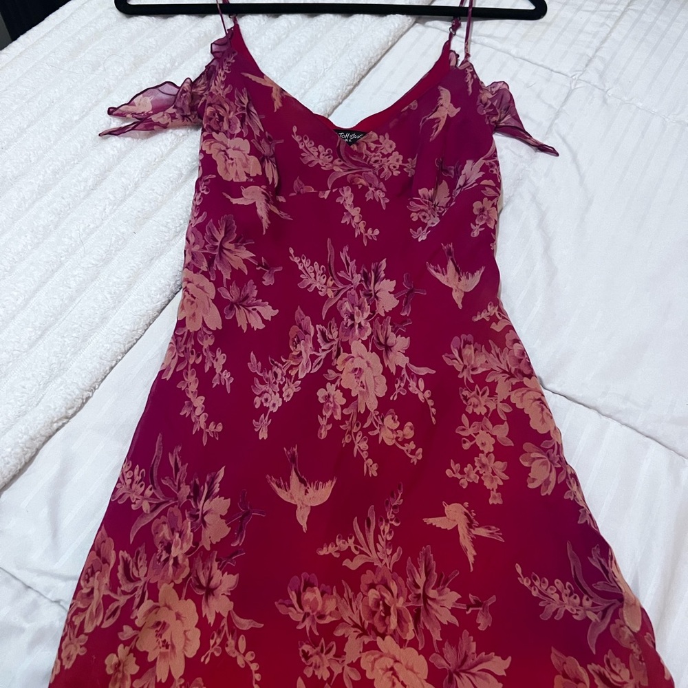 Betsey Johnson Red Slip Dress with Peach Floral Embroidery